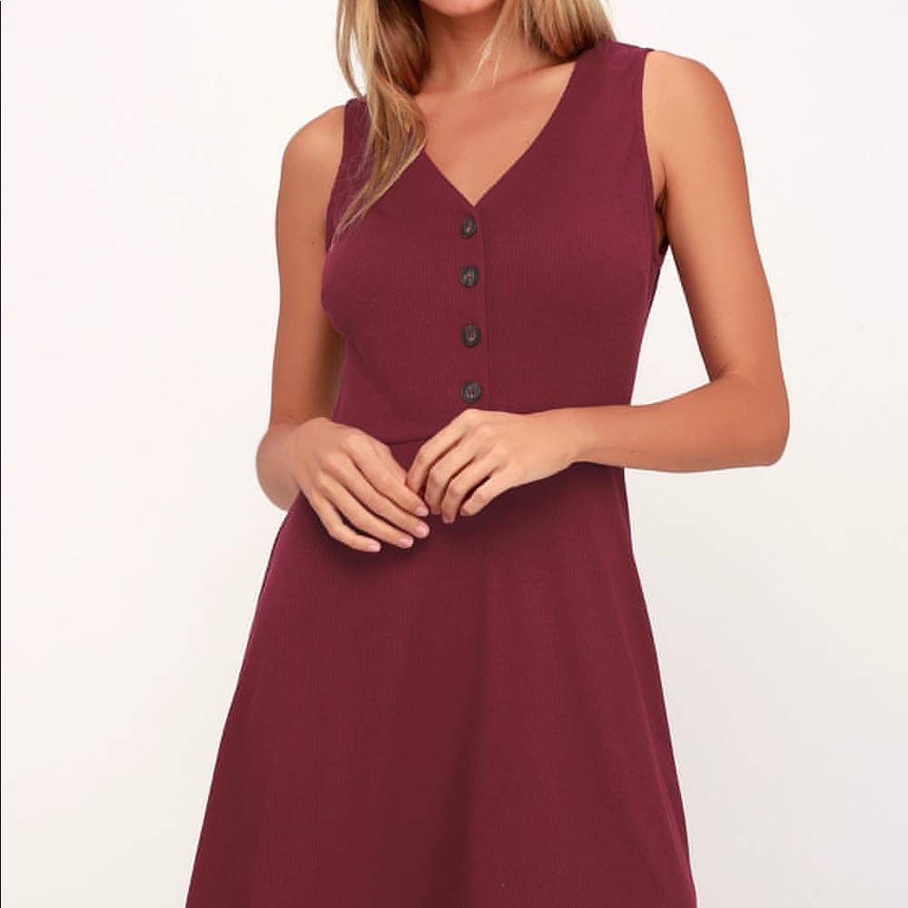 Burgundy Button-Up Ribbed Skater Dress- Lulus